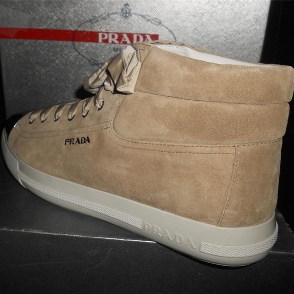 PRADA Beige Suede Ribbon High Top Metallic Cap Toe Lace Up Sneakers Shoes - Picture 4 of 14